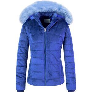 Women's Blue Velvet Puffer Jackets Coat Faux Fur Lining Winter Removable Hood